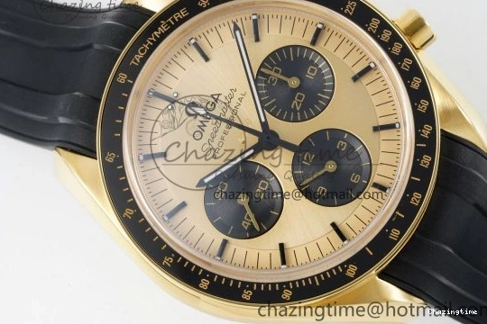 0327 TimelessDesign Speedmaster Moonwatch in Moonshine Gold YG RMF Best Edition YG Dial on Black Rubber Strap Manual Chrono 7834